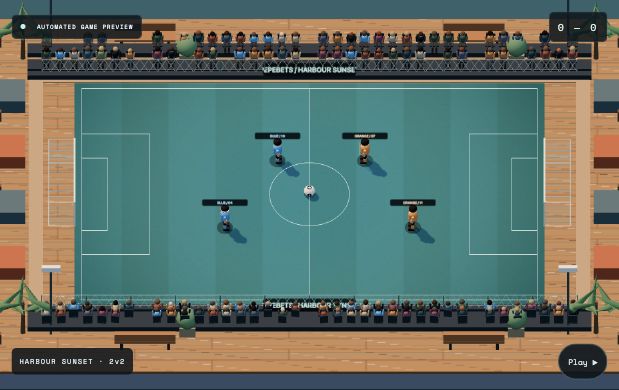 Actual game renderer showing turquoise turf, wooden dock, palms and boats on Harbour Sunset