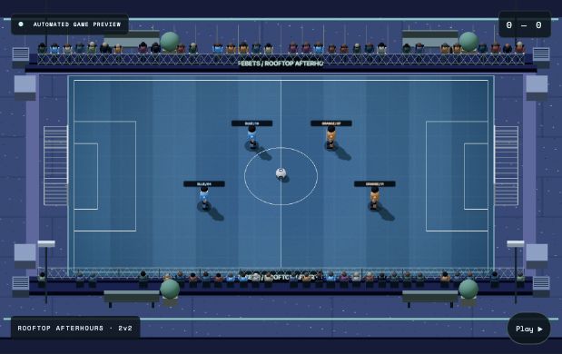 Actual game renderer showing the blue Rooftop Afterhours court and surrounding city buildings